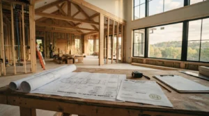 Blueprints and permits on workbench