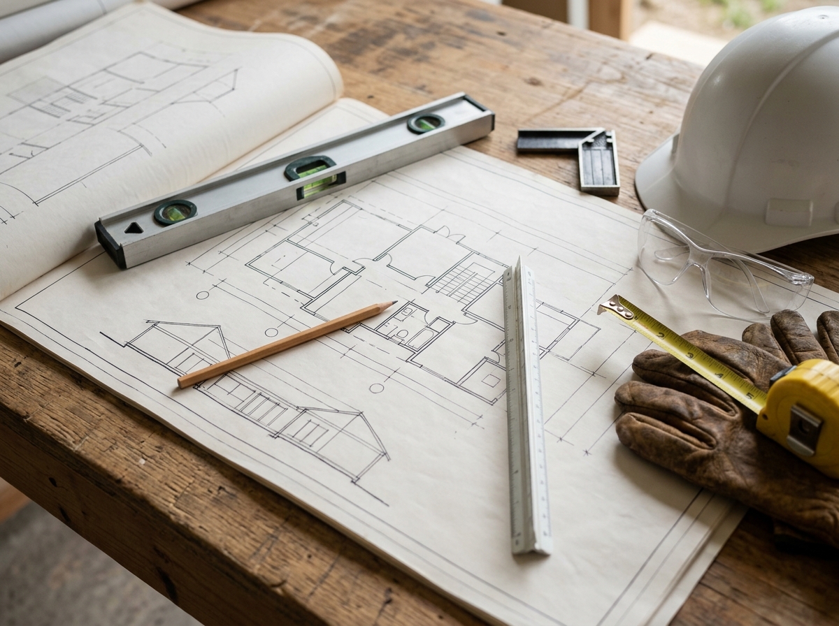 Home blueprints with a level, tape measure, hard hat, and safety gear on a wooden table