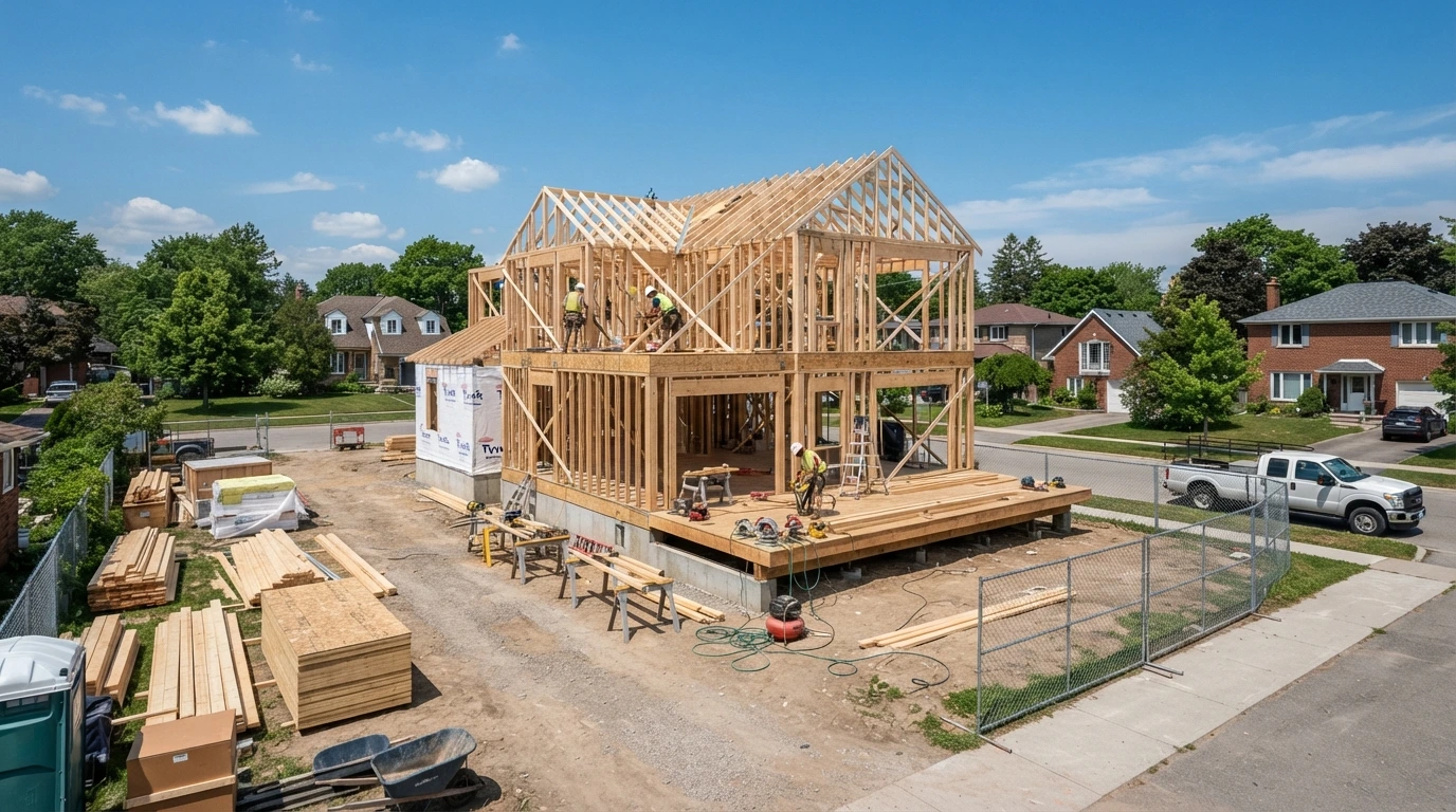 Workers framing a two-story custom home with wood on a residential building site